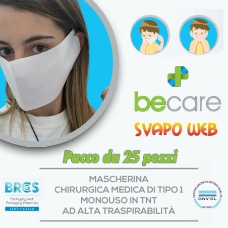 Be Care - Mascherina Chirurgica Medica Monouso - 25 Pezzi